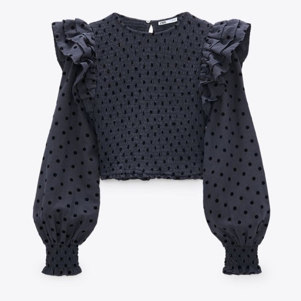 Blue Ruffled Crop Blouse - Picture 4 of 5